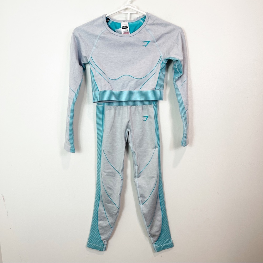 Gymshark Adapt Seamless Long Sleeve Crop Top and Leggings Gray Teal Blue Small‎